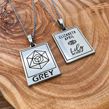 Load image into Gallery viewer, Elizabeth April EA Grey Zeta 2 Sided Channeled & Attuned Evil Eye Protection Cosmic Species Sacred Geometry Card Tag Pendant 18” White Gold Necklace