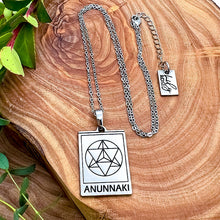 Load image into Gallery viewer, Elizabeth April EA Anunnaki 2 Sided Channeled & Attuned Evil Eye Protection Cosmic Species Sacred Geometry Card Tag Pendant 18” White Gold Necklace