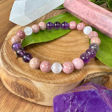 Load image into Gallery viewer, Unconditional Self Love Rhodonite Amethyst Satin Spar Selenite 8mm Stretch Bracelet