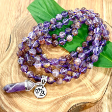 Load image into Gallery viewer, Last 1! Limited Grade AAA Super Seven Psychic Powerhouse & Ascension 108 Hand Knotted Mala with Point Charm Pendant Necklace