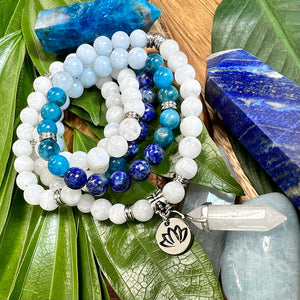 Ombre Collection Anti-Anxiety & Psychic Development Rainbow Moonstone Aquamarine Lapis Blue Apatite 108 Stretch Mala Necklace Bracelet