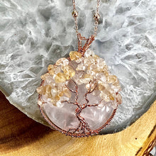 Load image into Gallery viewer, Tree of Life Wire Wrapped Rose Quartz Citrine Healing Crystal Circle Pendant 30” Rose Gold Necklace