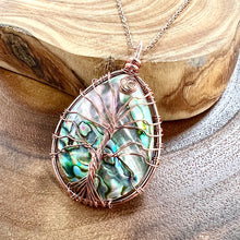 Load image into Gallery viewer, Tree of Life XL Teardrop Abalone Shell Wire Wrapped Pendant 30” Rose Gold Necklace