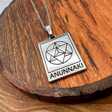 Load image into Gallery viewer, Elizabeth April EA Anunnaki 2 Sided Channeled & Attuned Evil Eye Protection Cosmic Species Sacred Geometry Card Tag Pendant 18” White Gold Necklace
