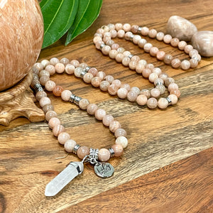 Peach Moonstone Heart Opening & Activation 108 Stretch Mala Necklace Bracelet