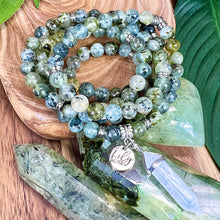 Load image into Gallery viewer, NEW STONE! Prehnite with Epidote &amp; Black Tourmaline Grade A Prophecy &amp; Magic 108 Mala Necklace Bracelet