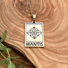 Load image into Gallery viewer, Elizabeth April EA Mantis 2 Sided Channeled & Attuned Evil Eye Protection Cosmic Species Sacred Geometry Card Tag Pendant 18” Gold Necklace