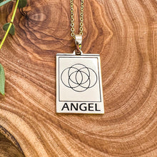 Load image into Gallery viewer, Elizabeth April EA Angel 2 Sided Channeled & Attuned Evil Eye Protection Cosmic Species Sacred Geometry Card Tag Pendant 18” Gold Necklace