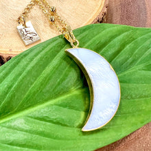 Load image into Gallery viewer, Abalone Shell &amp; Mother of Pearl Peaceful Moon Crescent XL Pendant 30” Gold Necklace
