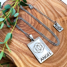 Load image into Gallery viewer, Just Restocked! Elizabeth April EA Angel 2 Sided Channeled & Attuned Evil Eye Protection Cosmic Species Sacred Geometry Card Tag Pendant 18” White Gold Necklace