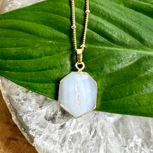 Load image into Gallery viewer, Black Lace Agate White Druzy Quartz Long Hexagon Gemstone Pendant 18" Gold Necklace