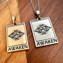 Load image into Gallery viewer, Elizabeth April EA Awaken 2 Sided Channeled & Attuned Evil Eye Protection Cosmic Species Sacred Geometry Card Tag Pendant 18” Gold Necklace