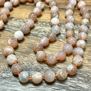 Peach Moonstone Heart Opening & Activation 108 Hand Knotted Mala with Point Charm Pendant Necklace