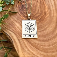 Load image into Gallery viewer, Elizabeth April EA Grey Zeta 2 Sided Channeled & Attuned Evil Eye Protection Cosmic Species Sacred Geometry Card Tag Pendant 18” Gold Necklace