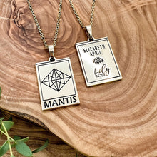 Load image into Gallery viewer, Elizabeth April EA Mantis 2 Sided Channeled &amp; Attuned Evil Eye Protection Cosmic Species Sacred Geometry Card Tag Pendant 18” Gold Necklace