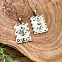 Load image into Gallery viewer, Elizabeth April EA Mantis 2 Sided Channeled & Attuned Evil Eye Protection Cosmic Species Sacred Geometry Card Tag Pendant 18” Gold Necklace