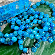 Load image into Gallery viewer, Blue Apatite Manifestation & Motivation 108 Hand Knotted Mala with Point Charm Pendant Necklace