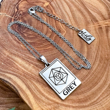 Load image into Gallery viewer, Elizabeth April EA Grey Zeta 2 Sided Channeled & Attuned Evil Eye Protection Cosmic Species Sacred Geometry Card Tag Pendant 18” White Gold Necklace