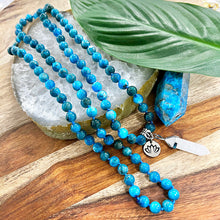 Load image into Gallery viewer, Blue Apatite Manifestation & Motivation 108 Hand Knotted Mala with Point Charm Pendant Necklace