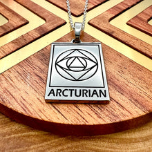 Load image into Gallery viewer, Elizabeth April EA Arcturian 2 Sided Channeled & Attuned Evil Eye Protection Cosmic Species Sacred Geometry Card Tag Pendant 18” White Gold Necklace