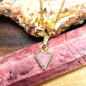 Rhodonite Mini Triangle Strength & Compassion Crystal Pendant 18” Gold Necklace