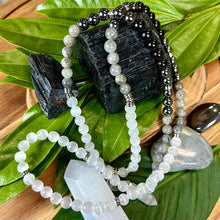 Load image into Gallery viewer, Ombre Collection Energy Transmutation & Earth Roots Selenite Labradorite Hematite Black Tourmaline 108 Stretch Mala Necklace Bracelet