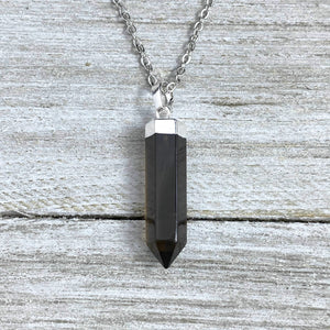 Morion Smoky Quartz Purification & Invisibility Cloak Full Tower Point Pendant 18" White Gold Necklace