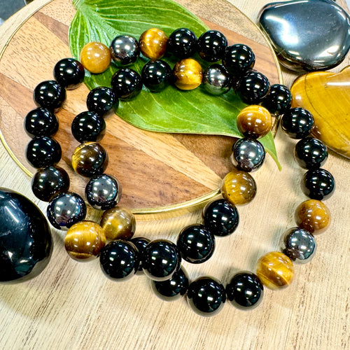 NEW! Divine Masculine Ancestral Healing & Protection Black Onyx Tigers Eye & Hematite 10mm Stretch Bracelet