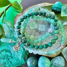 Load image into Gallery viewer, Ombre Collection The Heart Chakra Blast of Love &amp; Abundant Prosperity Green Fluorite Green Aventurine Jade Malachite 108 Stretch Mala Necklace Bracelet