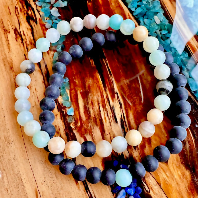 Matte Amazonite & Matte Black Onyx Matching Gemstone Couples Unity 6mm Stretch Distance Bracelets