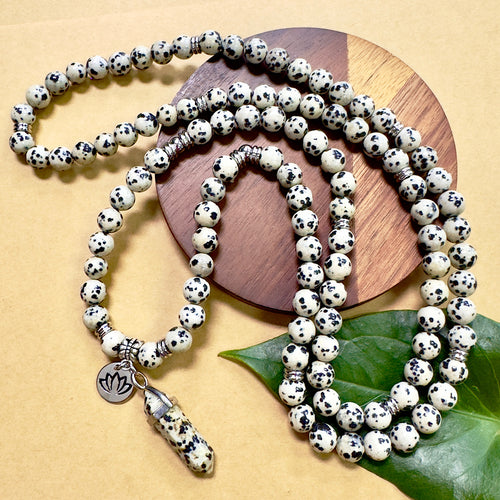 Dalmatian Jasper Nurturing & Playful 108 Stretch Mala Necklace Bracelet