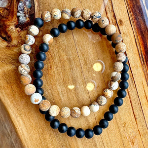 Picture Jasper & Black Onyx Couples Bracelet 6mm Stretch Matching Set