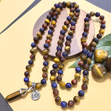 Load image into Gallery viewer, Limited Edition Triple Power Red Tigers Eye Blue Tigers Eye and Yellow Tigers Eye 108 Hand Knotted Mala with Point Charm Pendant Necklace