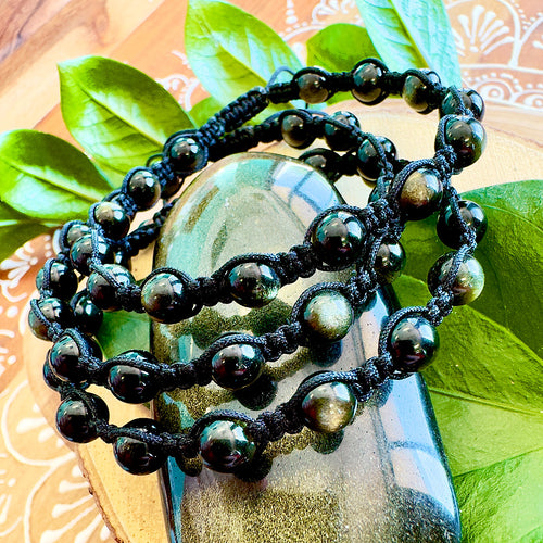 NEW! Gold Sheen Obsidian Clear Blockages & Spiritual Defense Grounding Woven Inner Strength Collection Nylon Braided Adjustable 6mm Bead Bracelet