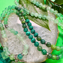 Load image into Gallery viewer, Ombre Collection The Heart Chakra Blast of Love &amp; Abundant Prosperity Green Fluorite Green Aventurine Jade Malachite 108 Stretch Mala Necklace Bracelet