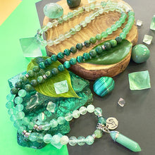 Load image into Gallery viewer, Ombre Collection The Heart Chakra Blast of Love &amp; Abundant Prosperity Green Fluorite Green Aventurine Jade Malachite 108 Stretch Mala Necklace Bracelet