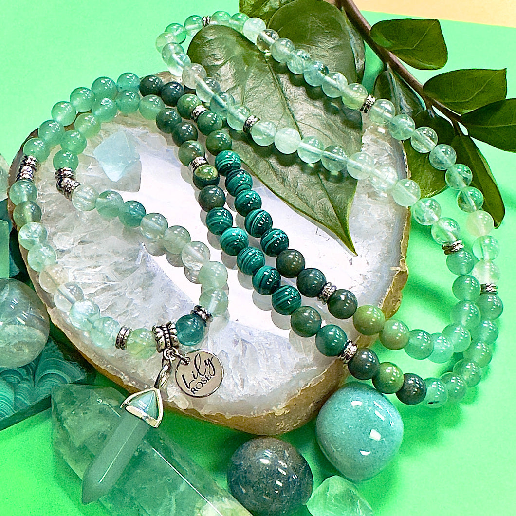 Ombre Collection The Heart Chakra Blast of Love & Abundant Prosperity Green Fluorite Green Aventurine Jade Malachite 108 Stretch Mala Necklace Bracelet
