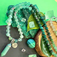 Load image into Gallery viewer, Ombre Collection The Heart Chakra Blast of Love &amp; Abundant Prosperity Green Fluorite Green Aventurine Jade Malachite 108 Stretch Mala Necklace Bracelet