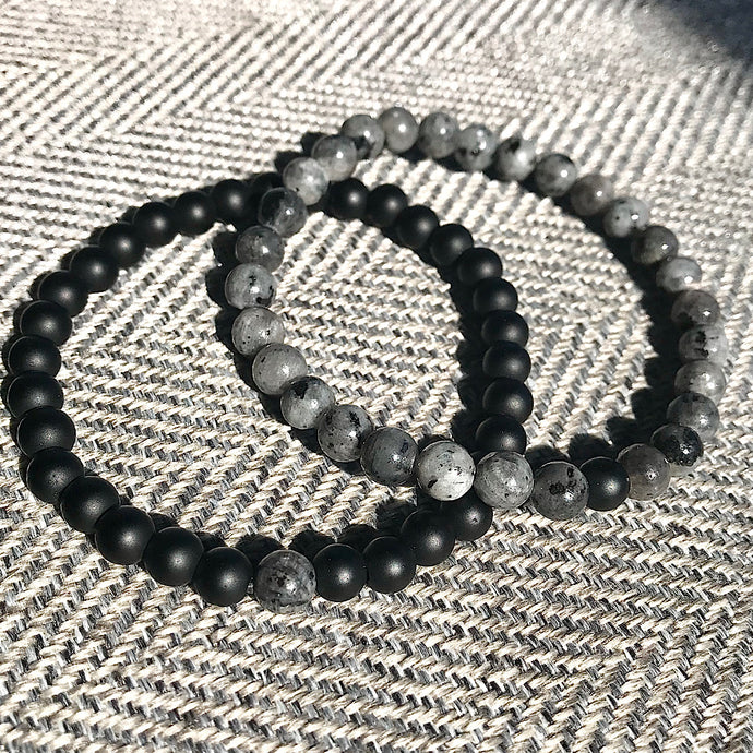 Labradorite Larvakite & Black Onyx Couples Bracelet 6mm Stretch Matching Set