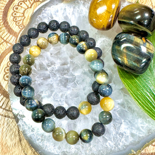 Lava Stone & Honey Blue Tigers Eye Matching Couples Unity & Love 8mm Stretch Distance Bracelets