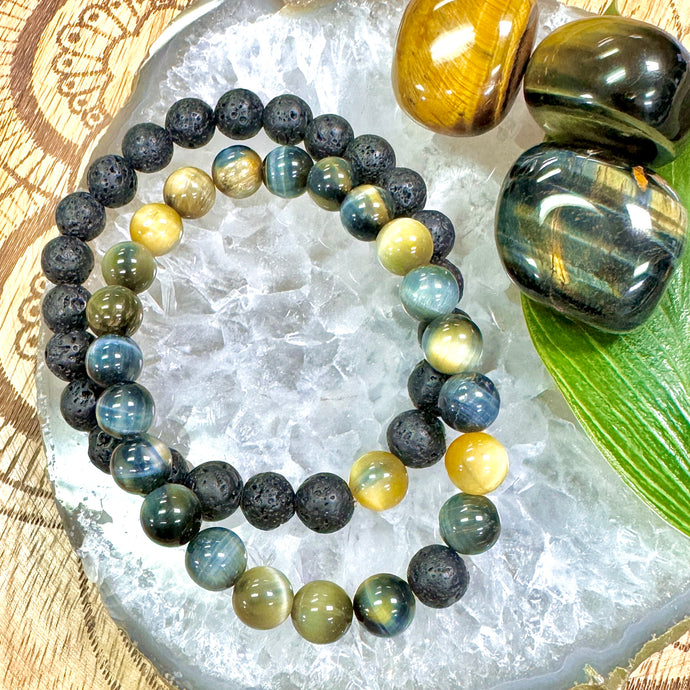 Lava Stone & Honey Blue Tigers Eye Matching Couples Unity & Love 8mm Stretch Distance Bracelets