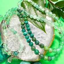 Load image into Gallery viewer, Ombre Collection The Heart Chakra Blast of Love &amp; Abundant Prosperity Green Fluorite Green Aventurine Jade Malachite 108 Stretch Mala Necklace Bracelet