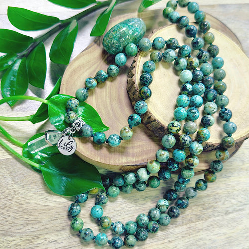 African Turquoise Exploration & Transformation 108 Hand Knotted Mala with Point Charm Pendant Necklace