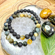 Load image into Gallery viewer, Lava Stone &amp; Honey Blue Tigers Eye Matching Couples Unity &amp; Love 8mm Stretch Distance Bracelets
