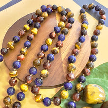 Load image into Gallery viewer, Limited Edition Triple Power Red Tigers Eye Blue Tigers Eye and Yellow Tigers Eye 108 Hand Knotted Mala with Point Charm Pendant Necklace