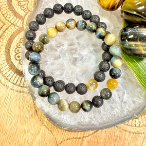 Lava Stone & Honey Blue Tigers Eye Matching Couples Unity & Love 8mm Stretch Distance Bracelets