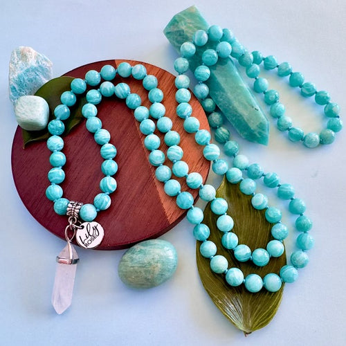 New & Only 2! Super Limited! Peruvian Amazonite Deep Teal Divine Soul Protector & DF/DM Energetic Alignment 108 Hand Knotted Mala with Point Charm Pendant Necklace