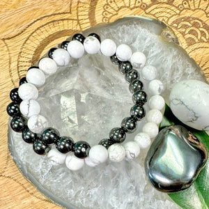 Magnetic Hematite & Howlite ✨ Law of 3 Matching Gemstone Couples Unity & Love 8mm Stretch Distance Bracelets