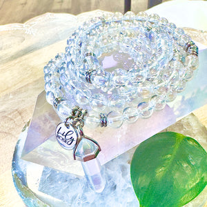 NEW! 🪽 Angel Aura Clear Quartz Light Worker Imprint Blockage Removal & Alchemically Bond 108 Mala Necklace Bracelet