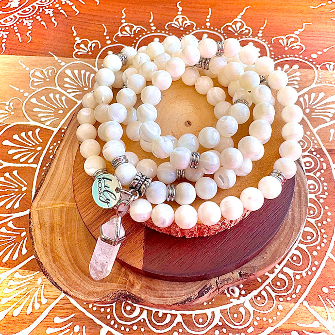 NEW & Stunning - Mother of Pearl Balance Biorhythms, Peacefulness & Purity 108 Stretch Mala Necklace Bracelet